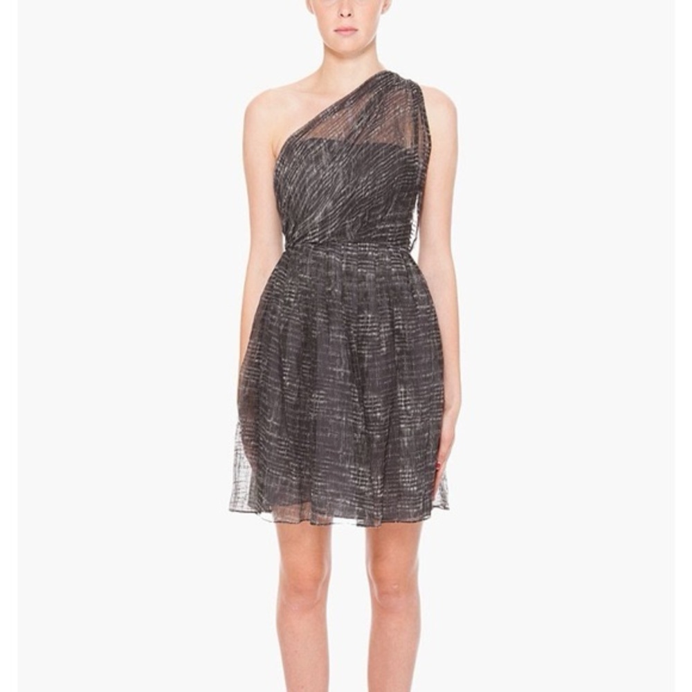 Alice + Olivia Gwendolyn Gray and White Silk Dress One-Shoulder Asymmetrical 0
